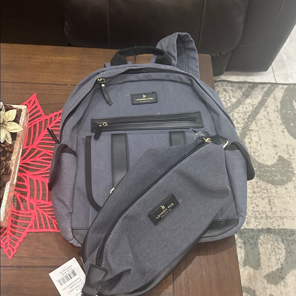London Fog BlueGray Backpack and essentials bag. 2 piece set.